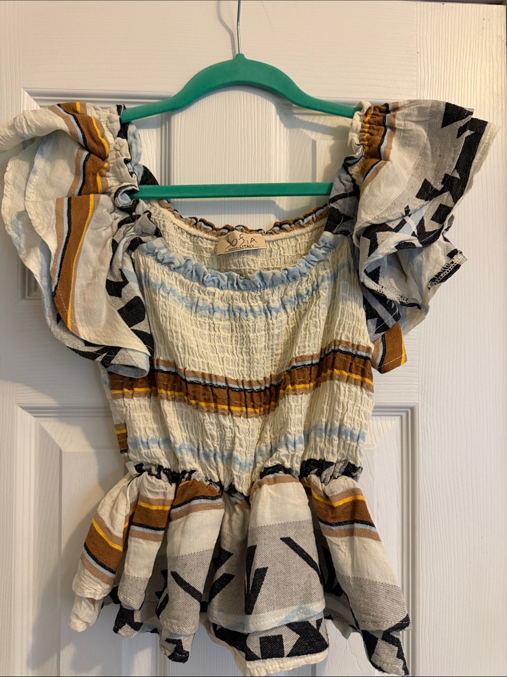 Smocked Peplum Blouse in Cream and Mustard by Sofia
